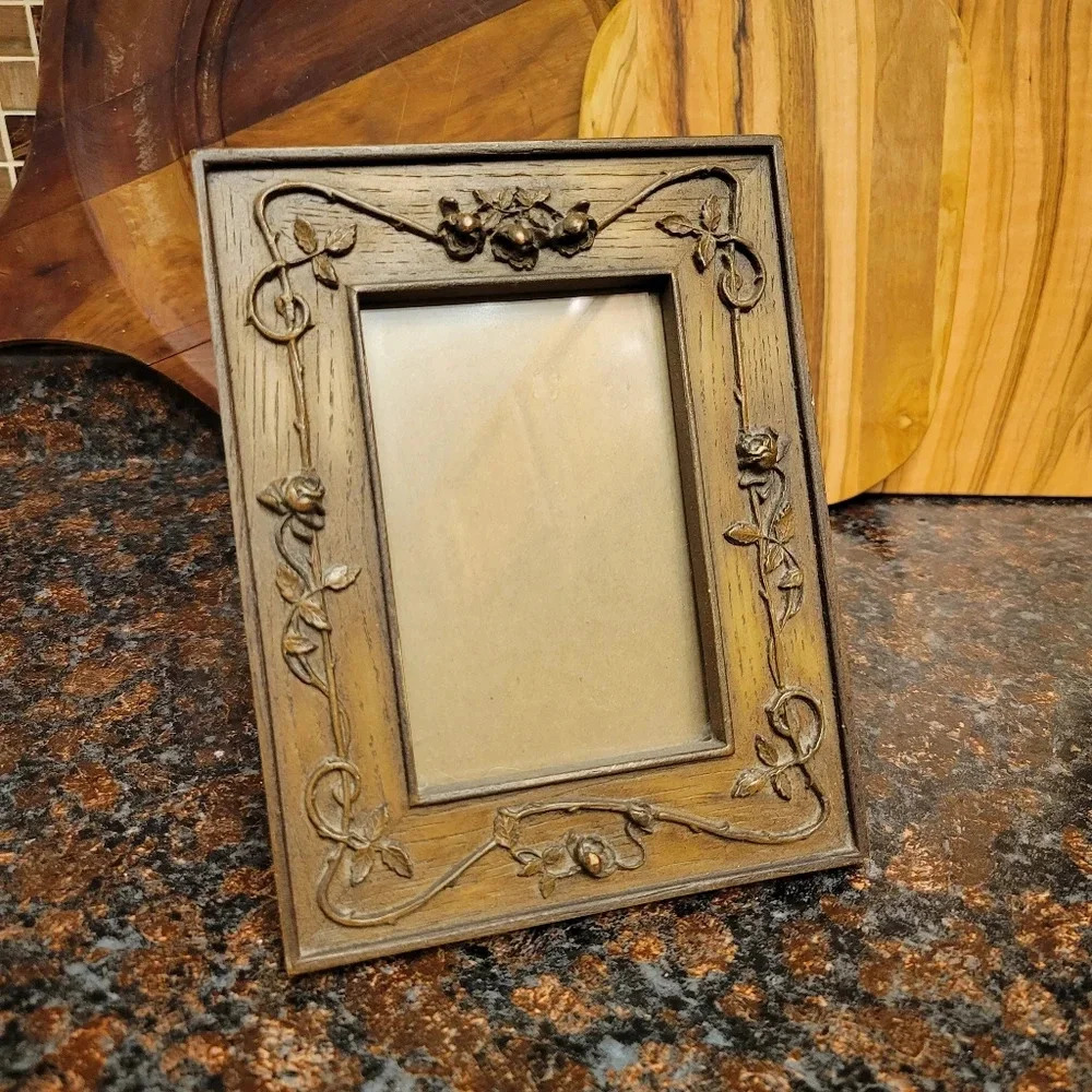 Small Vintage Antique Carved Wood Picture Frame Rose Detail Handmade - Picture 2 of 7